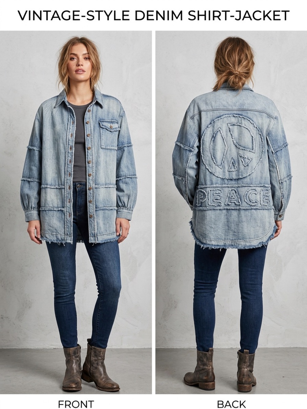 Blue Velvet Vintage-Style Distressed Denim Shirt-Jacket in Light Blue